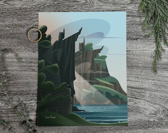 May include: A digital illustration of a dark figure standing on a cliff overlooking a body of water. The figure is wearing a cape and has a pointed head. The cliff is covered in green foliage and the water is a deep blue. The text "Sam Rapp" is at the bottom of the image.