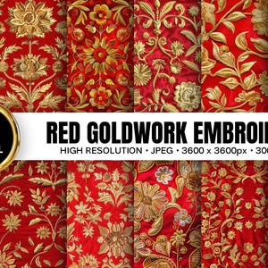 May include: A collection of 12 digital papers featuring red goldwork embroidery designs. The designs showcase intricate floral patterns in gold against a red background. The image includes the text "RED GOLDWORK EMBROIDERY".