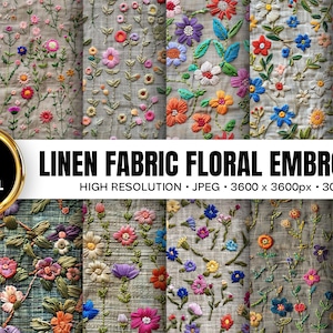 Op de afbeelding: Een verzameling van 12 digitale papieren met linnen stof en kleurrijke bloemenborduurwerken. De borduurwerken tonen bloemen in rood, blauw, oranje, paars en roze. De tekst "LINEN FABRIC FLORAL EMBROIDERY" is ook aanwezig.