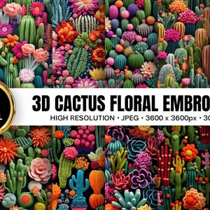 以下が含まれることがあります： 鮮やかなデジタル画像。3Dサボテンと花の刺繍が密集して配置されています。ピンク、オレンジ、緑、紫の色合いのさまざまなサボテンと花が特徴です。「12 DIGITAL PAPERS」と「3D CACTUS FLORAL EMBROIDERY」の文字が含まれています。