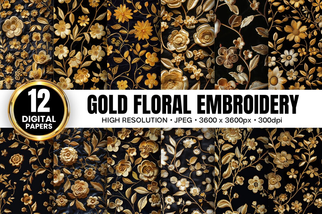 Gold Flowers Embroidery Pattern | Floral Stitch Digital Paper | Elegant ...