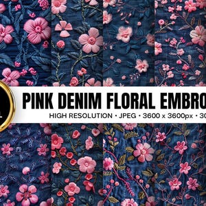 Può includere: Dodici carte digitali con ricami floreali rosa su sfondo denim blu scuro. Le immagini ad alta risoluzione sono 3600 x 3600 pixel a 300 dpi. I disegni presentano varie composizioni floreali.