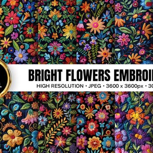 Può includere: Un set di carte digitali con 12 disegni di ricamo floreale ad alta risoluzione. I disegni presentano una varietà di fiori colorati, tra cui rosso, giallo e blu, su uno sfondo scuro. L'immagine include il testo "BRIGHT FLOWERS EMBROIDERY".