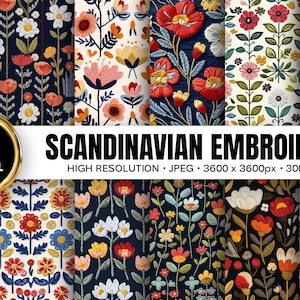 Puede incluir: Una colección de 12 papeles digitales con diseños de bordado escandinavo. Los patrones muestran motivos florales coloridos en rojo, amarillo, azul y blanco sobre fondos oscuros y claros. Se muestra el texto "SCANDINAVIAN EMBROIDERY".