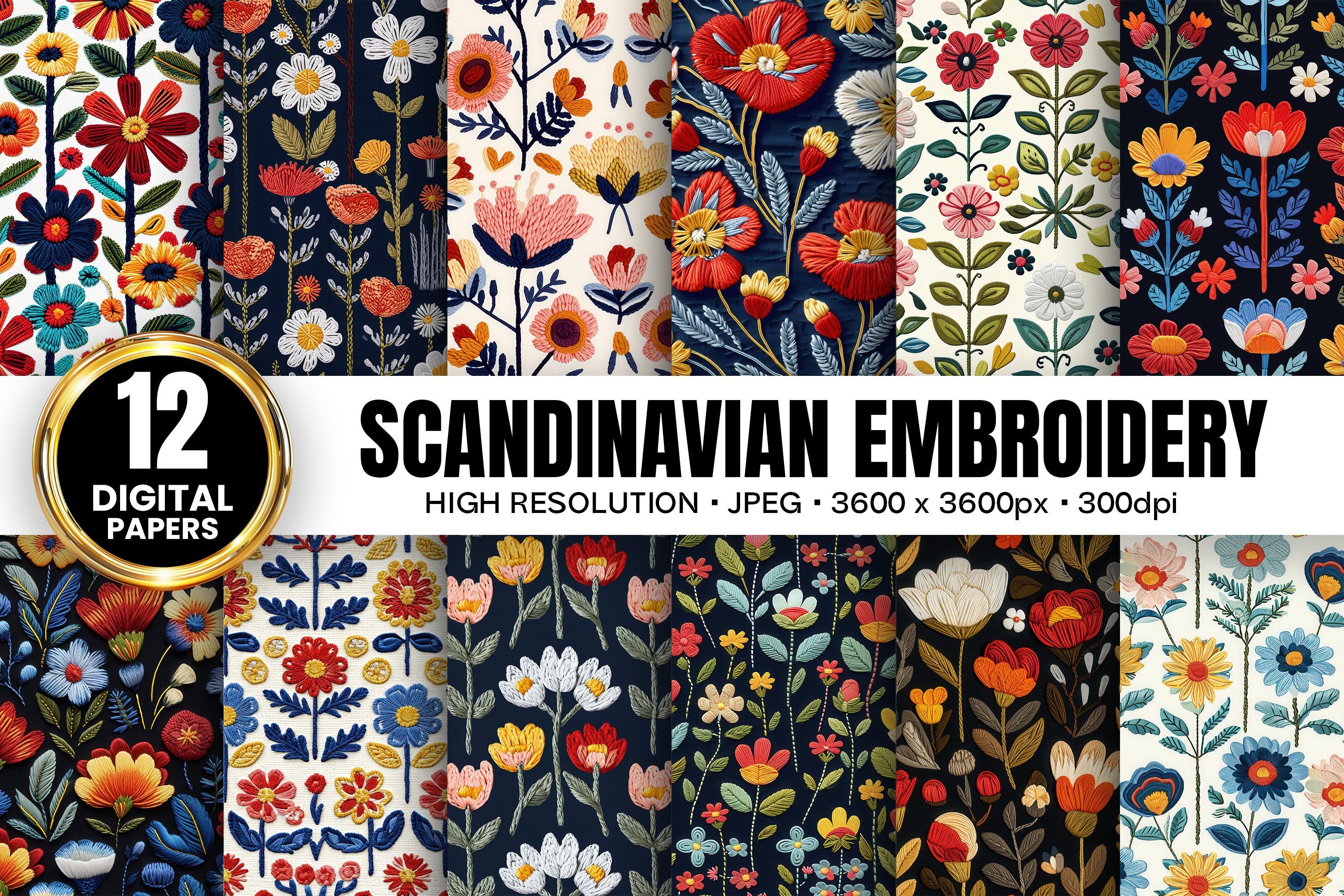 Scandinavian Flowers Embroidery Pattern | Folk Stitched Floral Texture ...