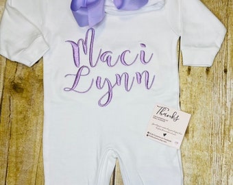 Baby girl or boy coming home outfit, baby embroidery romper, monogrammed romper, personalized baby romper, hat/bow