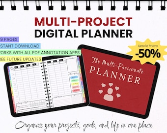 May include: A digital multi-project planner displayed on two tablet screens. One screen shows a detailed daily schedule, habit tracker, and project tabs. The other screen features a red cover with the text The Multi-Passionate PLANNER.