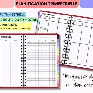 May include: A spiral-bound quarterly planner with red covers, featuring internal pages with grids for project tracking, Gantt charts for 13 weeks, and monthly columns for January, February, and March. The pages include text in French.