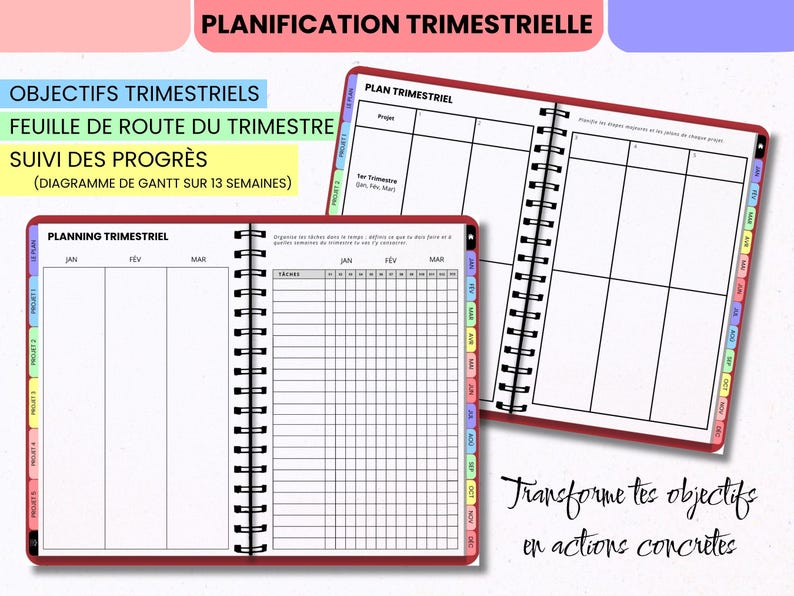May include: A spiral-bound quarterly planner with red covers, featuring internal pages with grids for project tracking, Gantt charts for 13 weeks, and monthly columns for January, February, and March. The pages include text in French.