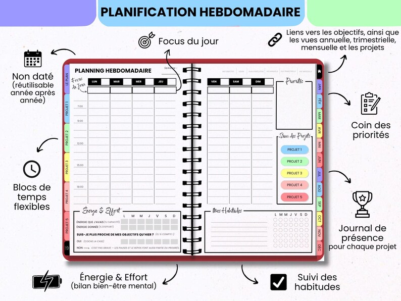 May include: An open spiral-bound weekly planner with a red cover. The pages feature a grid layout for daily scheduling, sections for daily focus, habit tracking, project lists, and energy and effort logs. The planner includes colorful tabbed dividers for months and projects, with text in French throughout the layout.