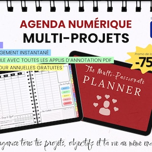 Peut inclure: Agenda numérique multi-projets avec le texte "The Multi-Passionate PLANNER". Il comprend 219 pages, un téléchargement instantané et est compatible avec toutes les applications d'annotation PDF. Le drapeau français est en haut à droite.