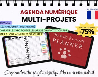Agenda numérique en français : Planner digital hebdomadaire 5-en-1 multi-projets avec liens interactifs pour GoodNotes, Notability, iPad