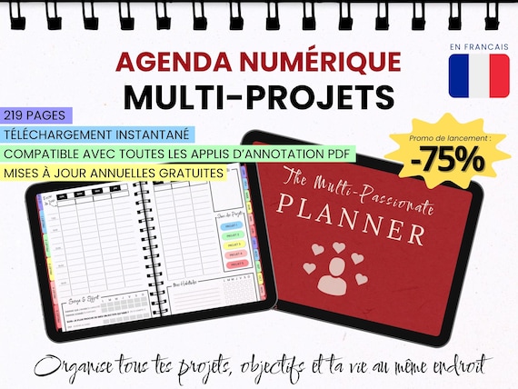 Agenda numérique en français : Planner digital hebdomadaire 5-en-1 multi-projets avec liens interactifs pour GoodNotes, Notability, iPad