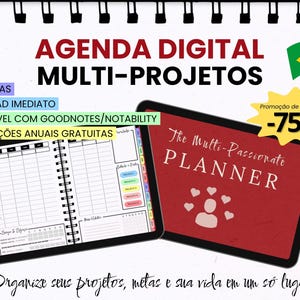 Pode incluir: Planejador digital com o texto "AGENDA DIGITAL MULTI-PROJETOS" e "The Multi-Passionate PLANNER". A imagem inclui uma bandeira brasileira e um desconto de -75%. O planejador é compatível com GoodNotes/Notability.