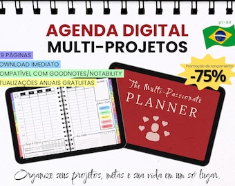 Agenda Digital em Português: Planner e Tracker Semanal 5-em-1 Multi-Projetos com Links Interativos para GoodNotes, Notability, iPad, Android