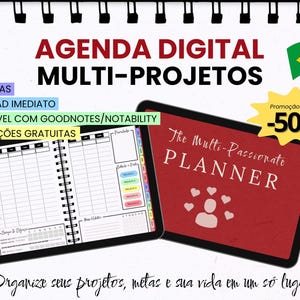 Pode incluir: Uma agenda digital multi-projetos com 219 páginas, com uma capa vermelha com o texto The Multi-Passionate PLANNER e um ícone de coração, ao lado de uma vista aberta mostrando um cronograma diário, abas e rastreadores.