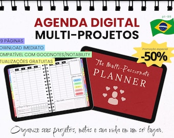 May include: A digital multi-project planner with 219 pages, featuring a red cover with the text The Multi-Passionate PLANNER and a heart icon, alongside an open view showing a daily schedule, project tabs, and habit trackers.