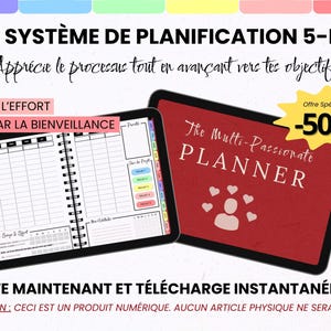 May include: A digital planner titled The Multi-Passionate Planner with a red cover featuring a person icon and hearts. The open view shows a black spiral-bound layout with daily scheduling, habit trackers, and project sections with colorful tabs.
