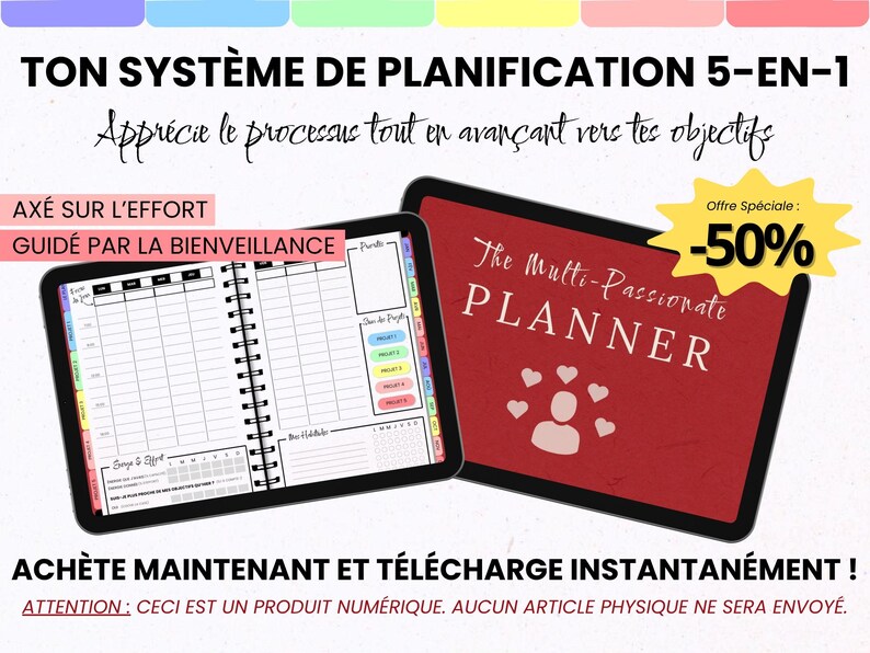 May include: A digital planner titled The Multi-Passionate Planner with a red cover featuring a person icon and hearts. The open view shows a black spiral-bound layout with daily scheduling, habit trackers, and project sections with colorful tabs.