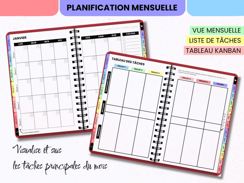 May include: A spiral-bound planner with red covers featuring a monthly calendar view labeled JANVIER and a Kanban task board labeled TABLEAU DES T&Acirc;CHES. The pages include colorful side tabs for months and projects, with black grid lines and text.
