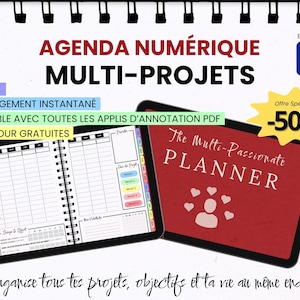 May include: A digital multi-project planner with 219 pages, featuring a red cover with the text The Multi-Passionate PLANNER and a heart icon, alongside an open view showing a daily schedule, project tracking, and habit logs.