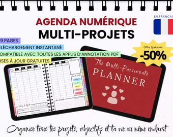 Op de afbeelding: Een digitale multi-project planner met 219 pagina's, voorzien van een rode omslag met de tekst The Multi-Passionate PLANNER en een hartpictogram, naast een open weergave met een dagplanning en projecttracking.
