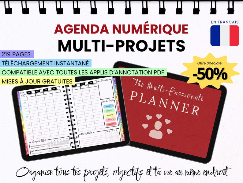 May include: A digital multi-project planner with 219 pages, featuring a red cover with the text The Multi-Passionate PLANNER and a heart icon, alongside an open view showing a daily schedule, project tracking, and habit logs.