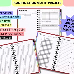May include: A multi-project planner with spiral binding, featuring sections for vision boards, goal setting, action plans, effort tracking, key milestone checklists, progress journals, and project notes, with text stating PLANIFICATION MULTI-PROJETS.