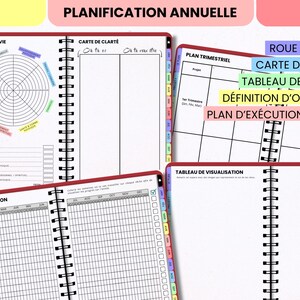 May include: A spiral-bound annual planner featuring sections titled PLANIFICATION ANNUELLE, ROUE DE LA VIE, CARTE DE CLART&Eacute;, PLAN TRIMESTRIEL, TABLEAU DE VISUALISATION, and PLAN D'EX&Eacute;CUTION. The pages include grids, charts, and color-coded tabs for monthly organization.