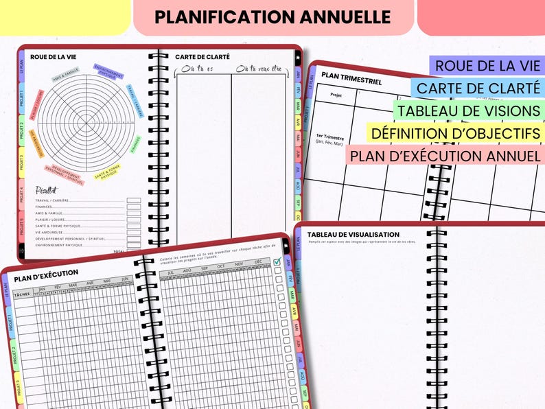 May include: A spiral-bound annual planner featuring sections titled PLANIFICATION ANNUELLE, ROUE DE LA VIE, CARTE DE CLART&Eacute;, PLAN TRIMESTRIEL, TABLEAU DE VISUALISATION, and PLAN D'EX&Eacute;CUTION. The pages include grids, charts, and color-coded tabs for monthly organization.
