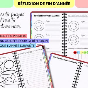 May include: A spiral-bound year-end reflection planner featuring pages titled R&eacute;trospective de l'ann&eacute;e and Vision pour l'ann&eacute;e prochaine. The planner includes project tracking sections, percentage circles, mood icons, and colorful monthly tabs for organization.