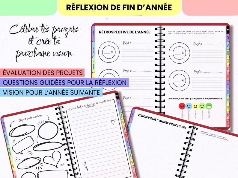 May include: A spiral-bound year-end reflection planner featuring pages titled R&eacute;trospective de l'ann&eacute;e and Vision pour l'ann&eacute;e prochaine. The planner includes project tracking sections, percentage circles, mood icons, and colorful monthly tabs for organization.