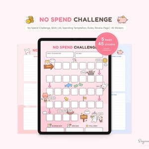 Niedliche No Spend Challenge Digitaler Planer & Aufkleber | 31 Tage keine Spend Tracker | Funktionale Rechnungsaufkleber | Hase, Katze, Meerschweinchen Sticker