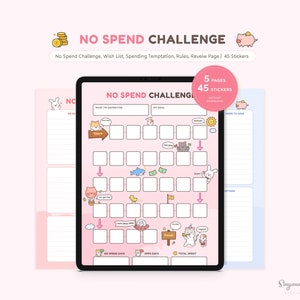 Cute No Spend Challenge Digital Planner & Stickers | 31 Days No Spend Tracker | Functional Finance Stickers | Cat, Bunny, Guinea Pig Sticker