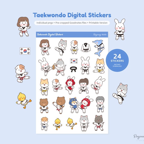 Cute Taekwondo Stickers for Digital Planner | Martial Arts GoodNotes Stickers | Martial Girl Character Stickers | Sport Sticker Sheet | PNG