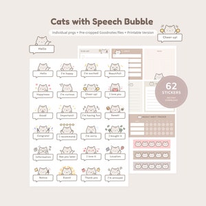 デジタルプランナー用のかわいい猫の吹き出しステッカー | 愛らしい動物キャラクターの付箋と和紙テープ | GoodNotes ステッカー