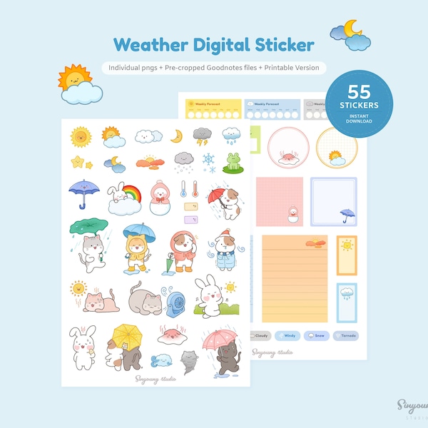 Cute Weather Stickers for Digital Planner | Weather Icon GoodNotes Sticker set | Snow, Rain, Cloud, Sun, Moon PNG |  Hand Drawn Stickers