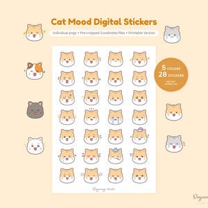 Lindas pegatinas digitales de humor de gato / Pegatinas GoodNotes de emoticonos de cara de gato / Pegatinas de personajes de gato dibujados a mano / Expresión facial individual png