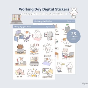 K&ouml;nnte beinhalten: Ein Set mit 25 digitalen Stickern mit niedlichen Comic-Tieren in verschiedenen arbeitsbezogenen Szenarien. Die Sticker enthalten S&auml;tze wie "Hustle Hard", "Sick Day", "Zoom Meeting" und "Pay Day".