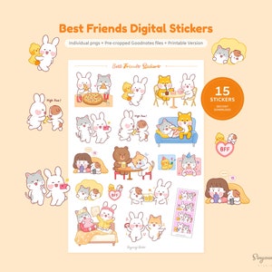 May include: A set of 15 digital stickers featuring cute cartoon animals, including bunnies, cats, and dogs, in various friendship-themed scenes. The stickers are perfect for adding a touch of whimsy to digital planners, notes, and other digital documents.
