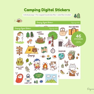 May include: A set of 46 digital camping stickers featuring cute illustrations of a cat, a bear, a tent, a campfire, a compass, a map, a lantern, a sleeping bag, a guitar, and more. The stickers are perfect for adding a touch of whimsy to your digital planner, notes, or journal.