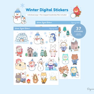 May include: A set of 37 winter-themed digital stickers featuring cute cartoon animals, snowmen, and winter scenes. The stickers are perfect for adding a touch of whimsy to your digital planner, notes, or other digital projects.