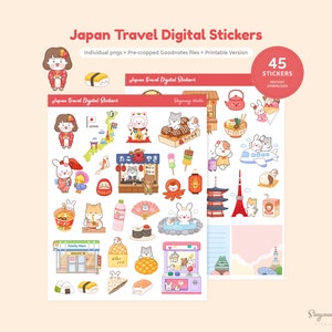 Leuke Japan-reisstickers voor digitale planner | Japan reisthema GoodNotes-stickers | Handgetekende Japanse stickers | Schattige karakters