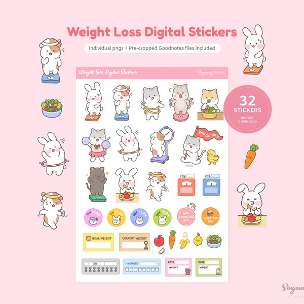 Cute Weight Loss GoodNotes Stickers | Weight Scale Stickers for Digital Planner | Healthy Eating, Diet | Bunny, Guinea pigs, Cat Characters