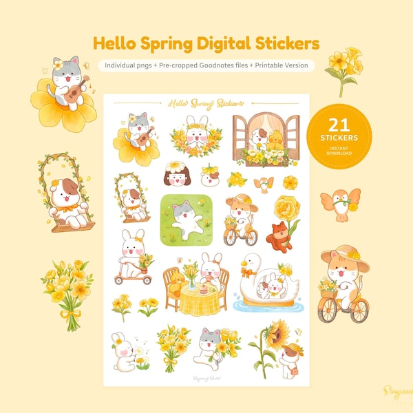 Cute Hello Spring Digital Stickers | Yellow Flowers GoodNotes Stickers | Seasonal Sticker Sheet | Hand Drawn Floral Stickers | March Sticker