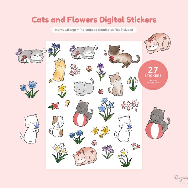 Cute Cats and Flowers Stickers for Digital Planner | Pre-cropped GoodNotes | Hand-drawn Animal Character | Individual pngs file for Note App