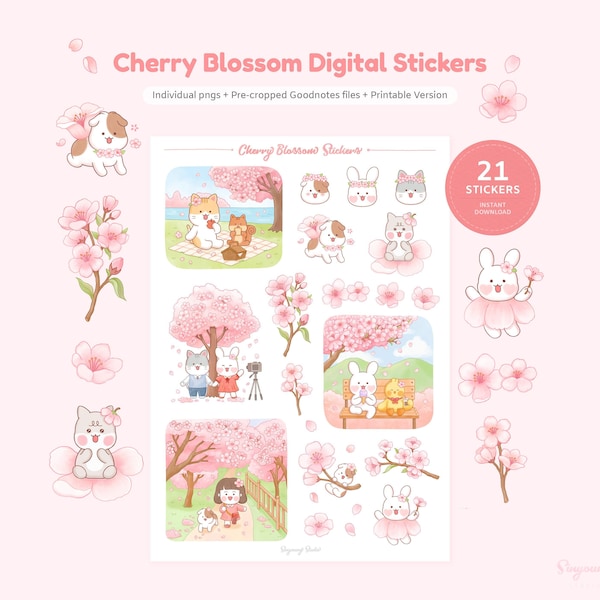 Cute Cherry Blossom Stickers for Digital Planner | Spring Flower GoodNotes Stickers | Pink Floral Sticker Sheet | Hand Drawn April Stickers