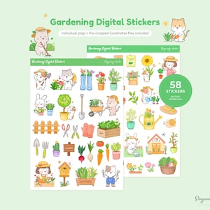 Puede incluir: Un conjunto de 58 pegatinas digitales con adorables animales de dibujos animados e ilustraciones con temática de jardinería. Las pegatinas son perfectas para agregar un toque de fantasía a los planificadores, diarios y notas digitales. Las pegatinas incluyen una variedad de herramientas de jardinería, plantas, flores y animales.