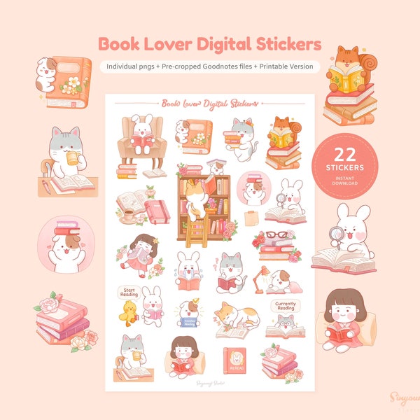 Cute Book Lover Stickers for Digital Planner | Reading Journal GoodNotes Stickers | Book Nerd Sticker Sheet | Hand Drawn Character Stickers
