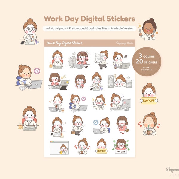 Cute Work Day Girl Character Digital Stickers | Office Work GoodNotes Stickers | Hand drawn Workday Sticker Set | Busy Day Sticker Sheet PNG